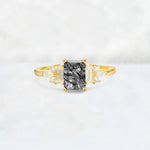 Luxury Emerald Cut Black Rutilated Quartz Cluster Engagement Ring - Additional view