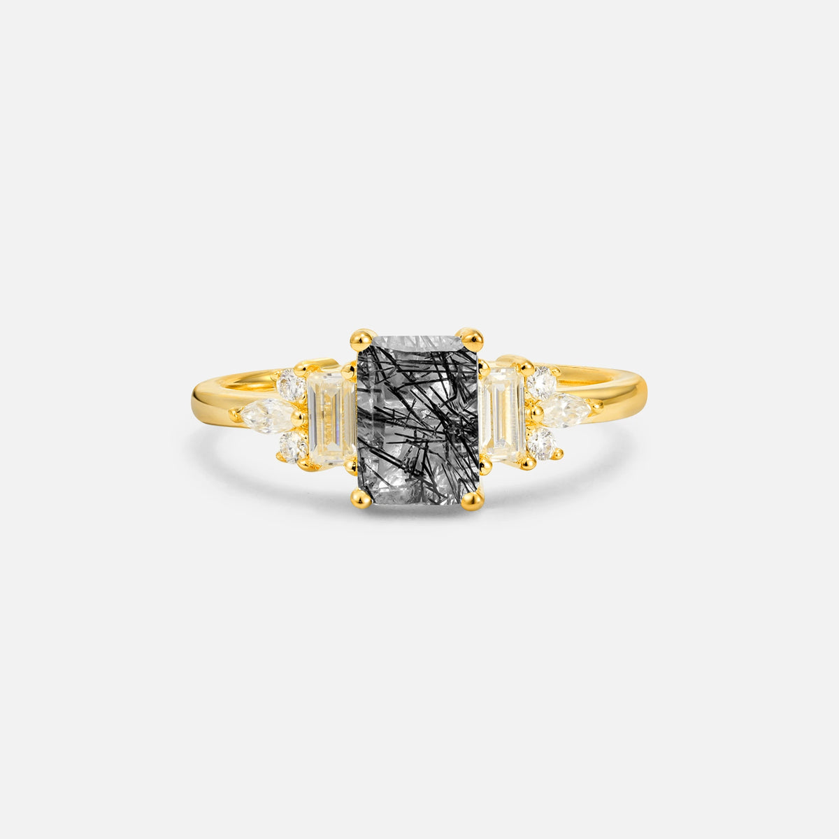 Luxury Emerald Cut Black Rutilated Quartz Cluster Engagement Ring - Additional view