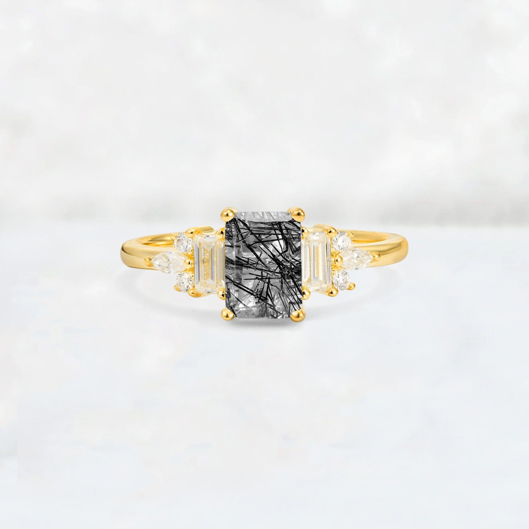 Luxury Emerald Cut Black Rutilated Quartz Cluster Engagement Ring - Additional view