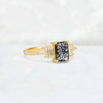 Luxury Emerald Cut Black Rutilated Quartz Cluster Engagement Ring - Additional view