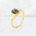 Luxury Emerald Cut Black Rutilated Quartz Cluster Engagement Ring - Additional view