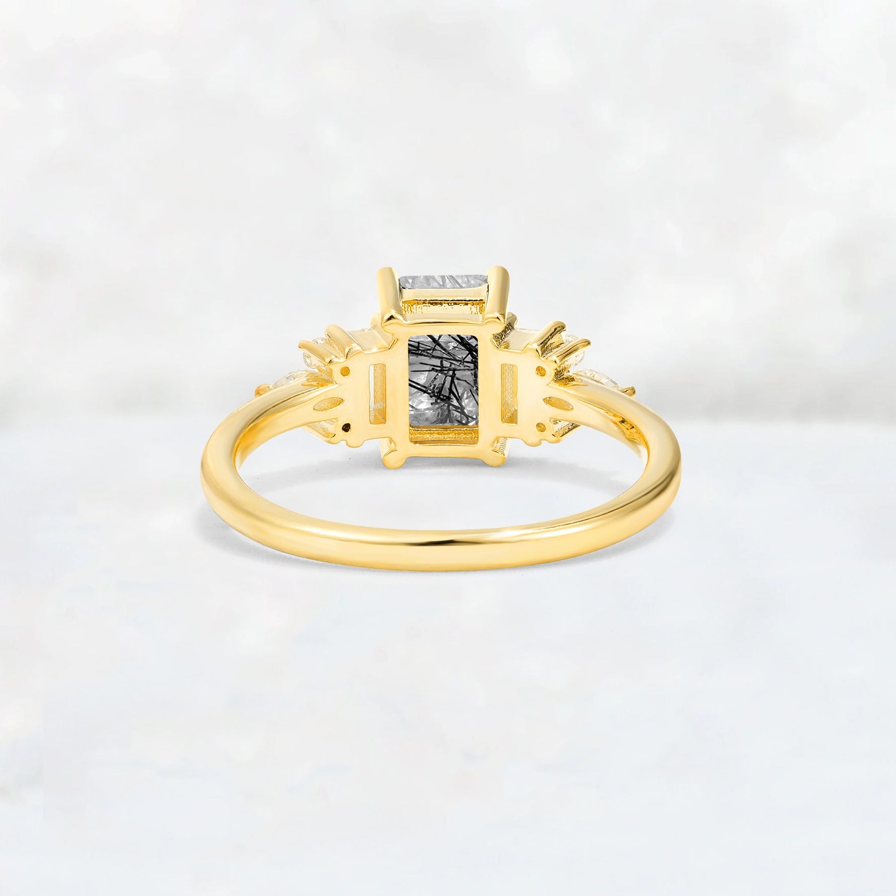 Luxury Emerald Cut Black Rutilated Quartz Cluster Engagement Ring - Additional view