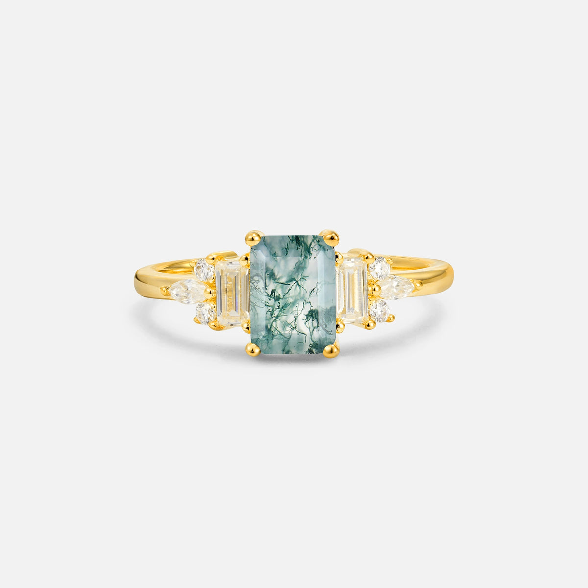Luxury Emerald Cut Moss Agate Cluster Engagement Ring - Additional view