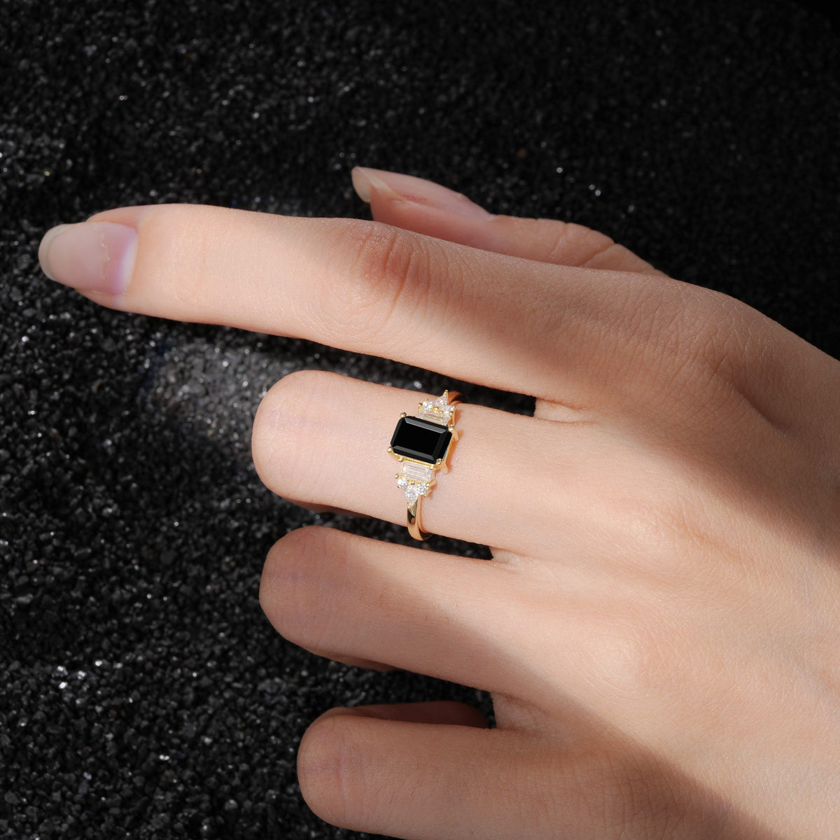 Luxury Emerald Cut Black Onyx Cluster Engagement Ring - Additional view