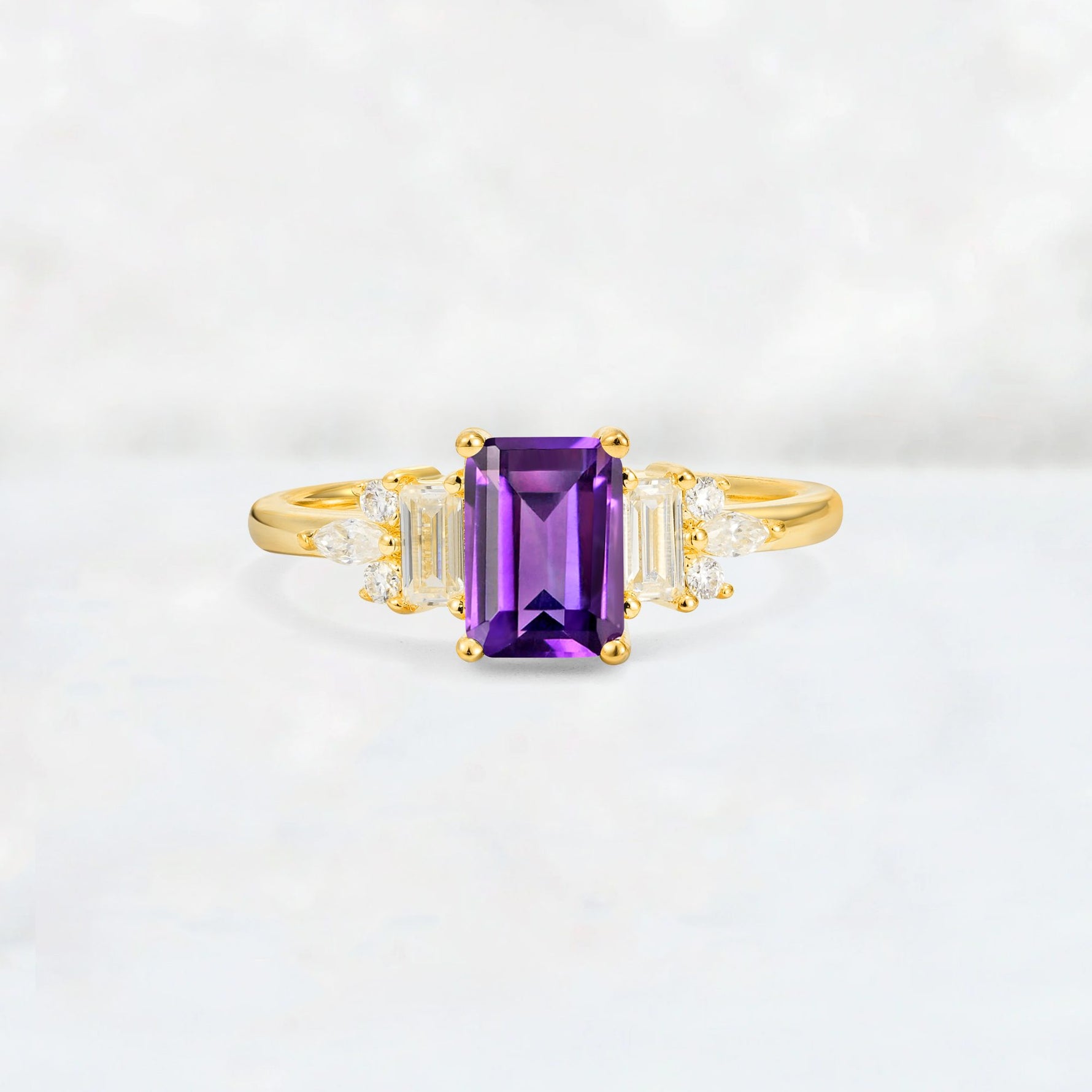 Luxury Emerald Cut Amethyst Cluster Engagement Ring - Additional view