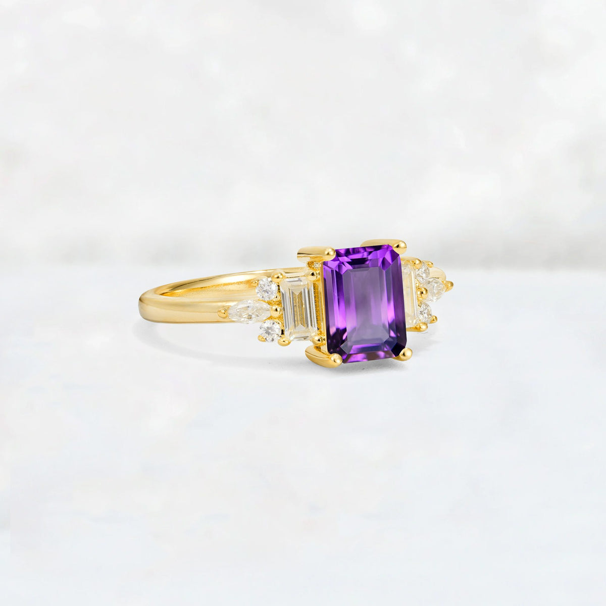 Luxury Emerald Cut Amethyst Cluster Engagement Ring - Additional view