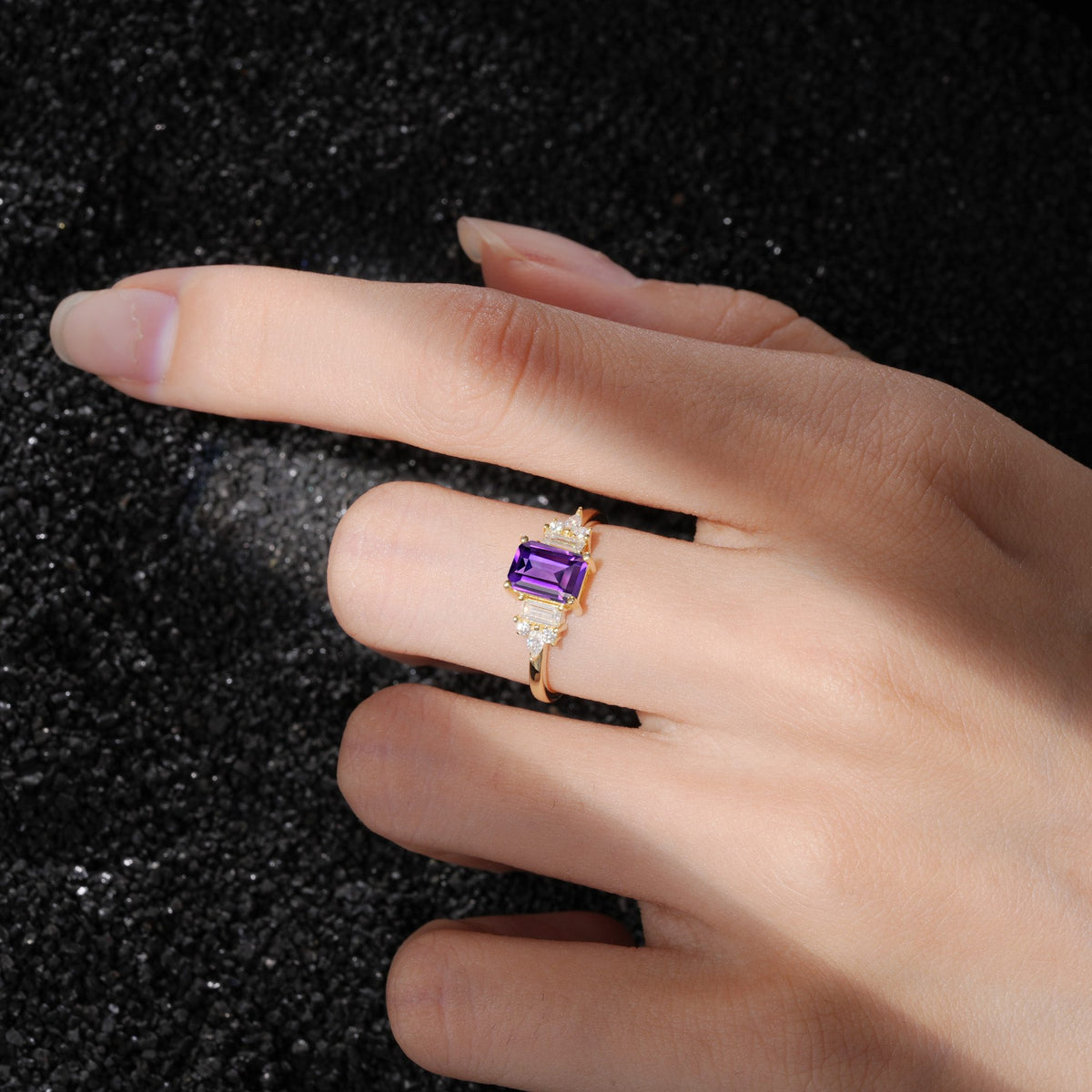 Luxury Emerald Cut Amethyst Cluster Engagement Ring - Additional view
