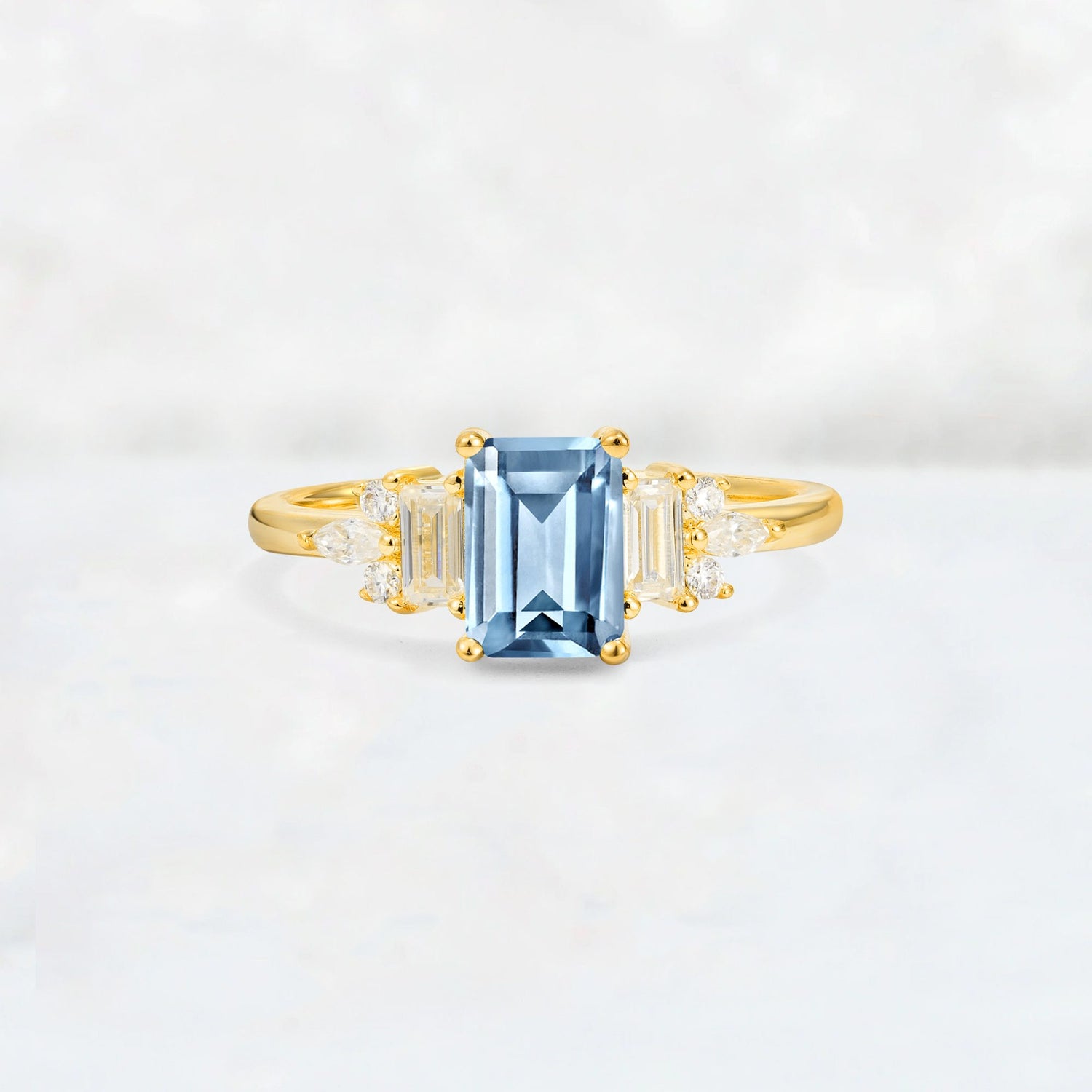 Luxury Emerald Cut Aquamarine Cluster Engagement Ring - Additional view
