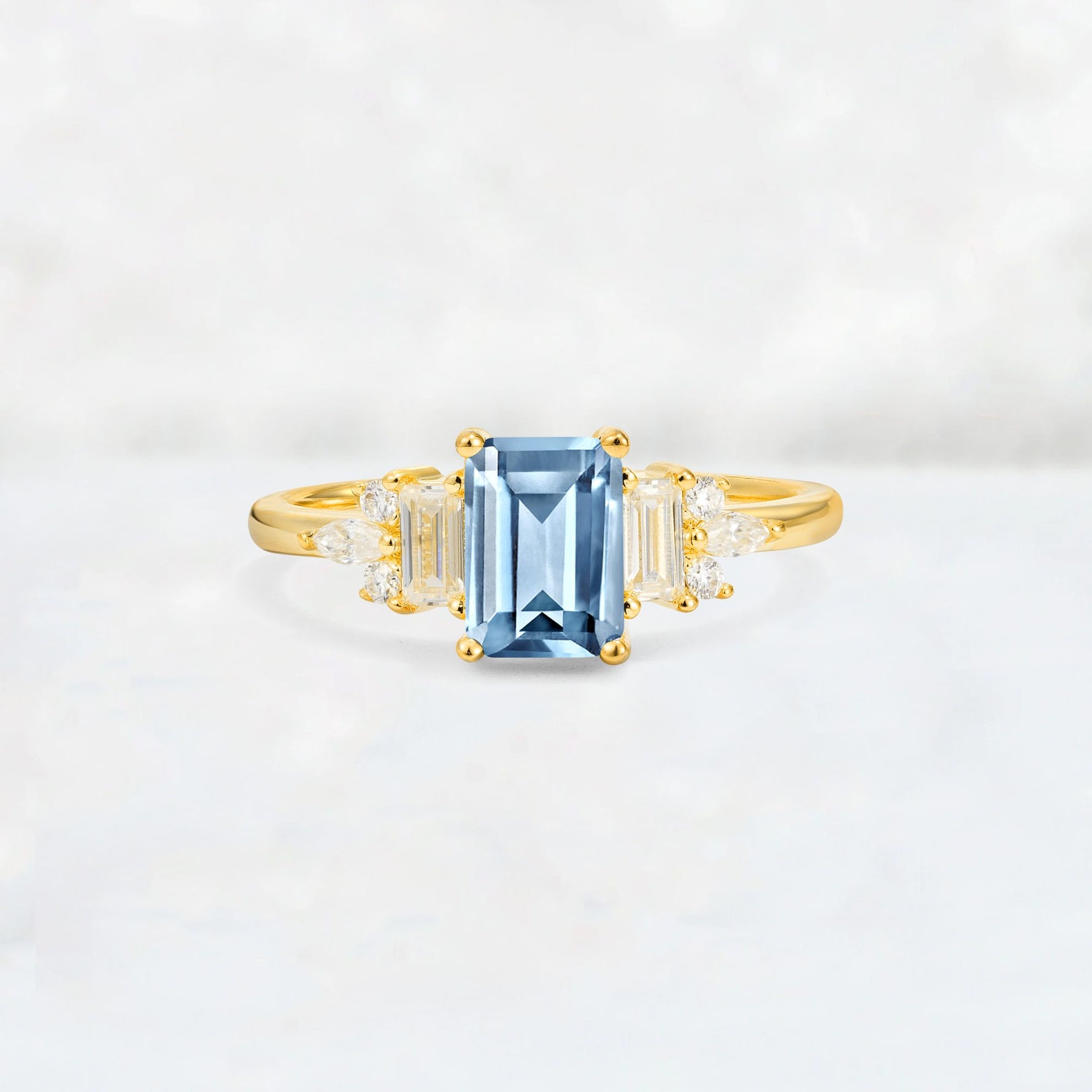 Luxury Emerald Cut Aquamarine Cluster Engagement Ring - Additional view
