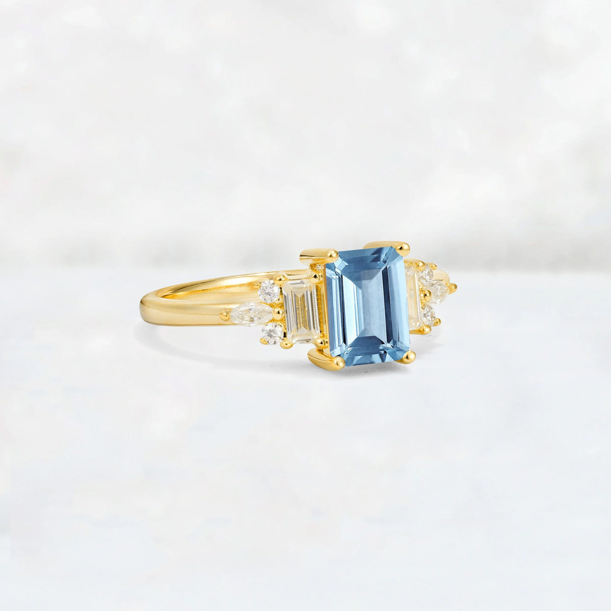 Luxury Emerald Cut Aquamarine Cluster Engagement Ring - Additional view