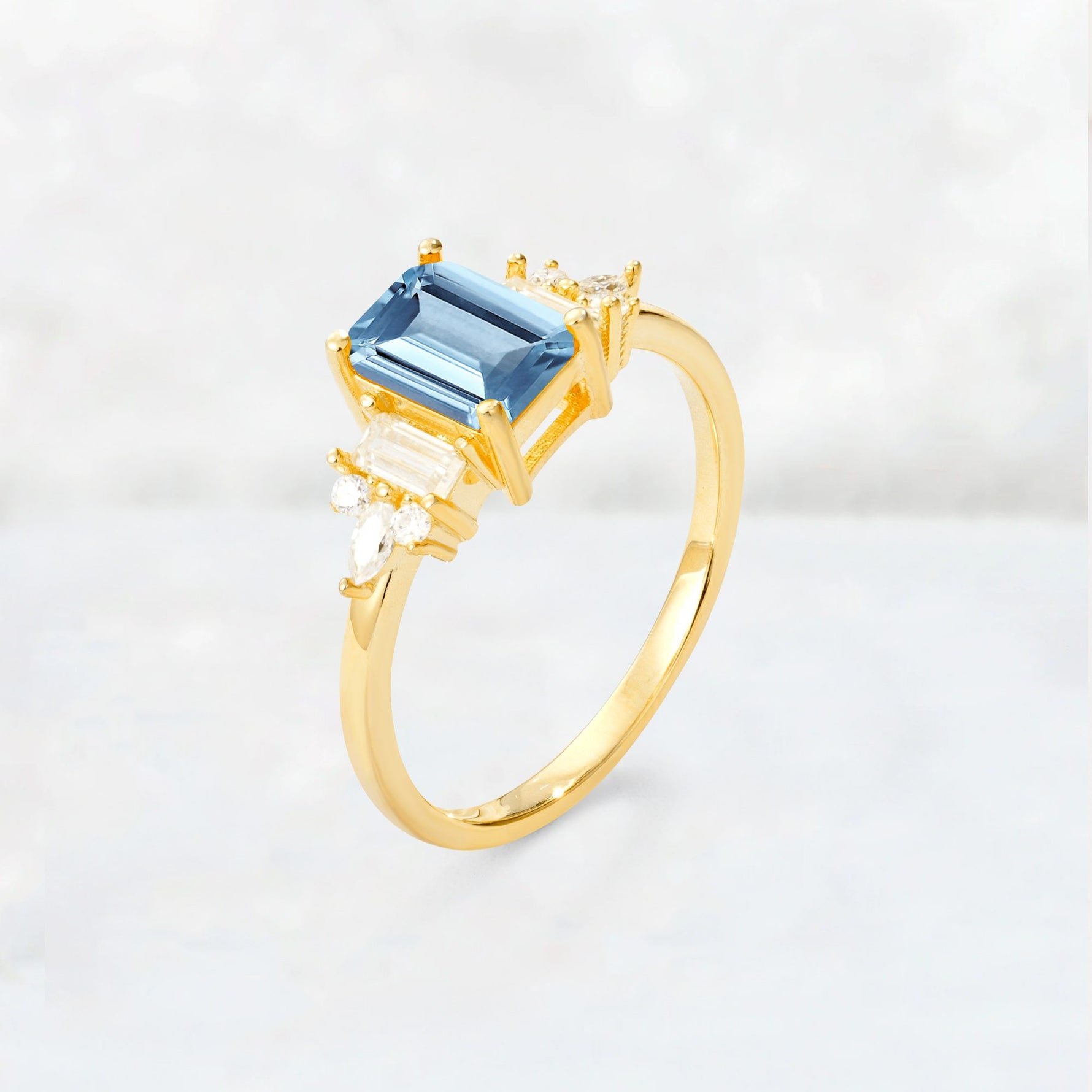 Luxury Emerald Cut Aquamarine Cluster Engagement Ring - Additional view