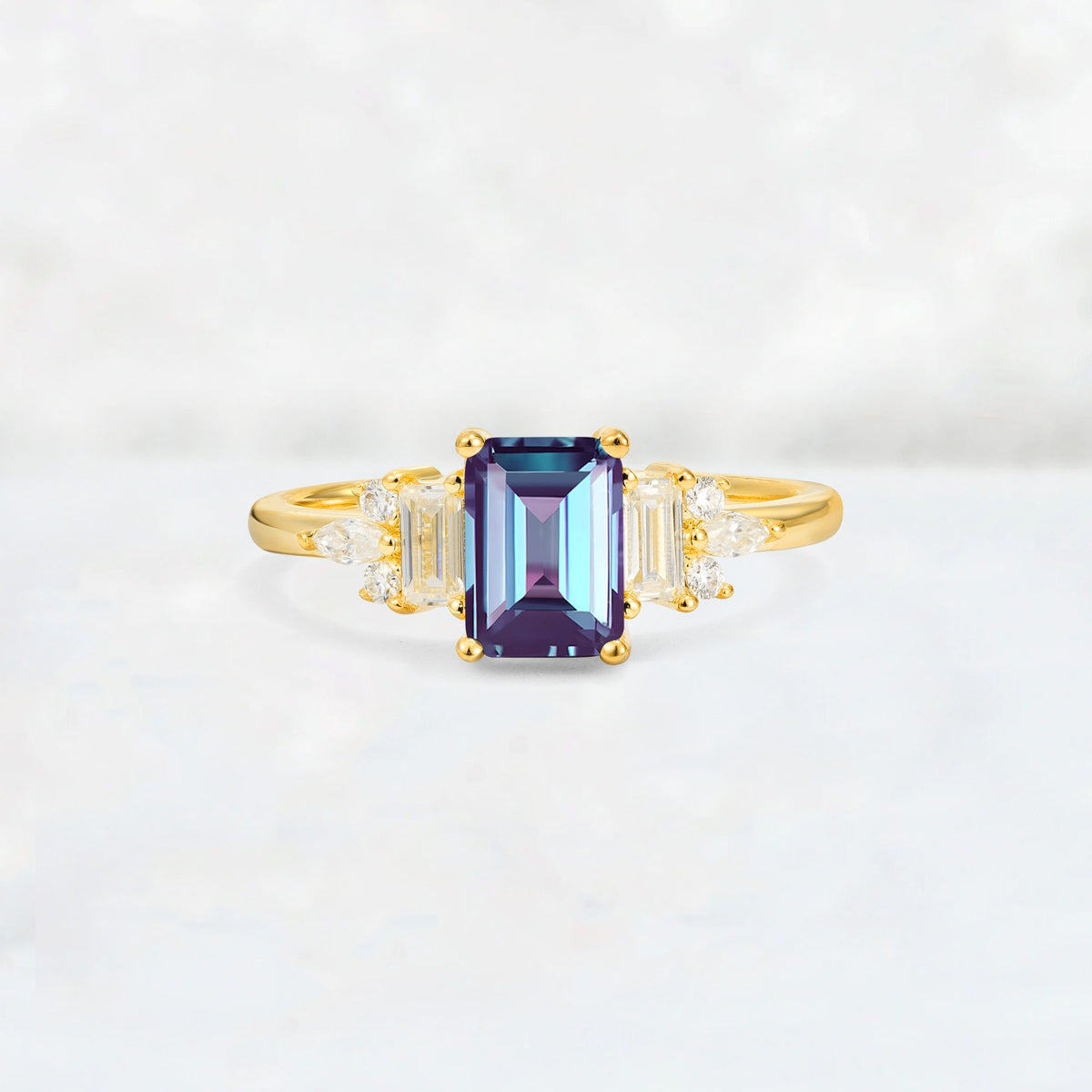 Luxury Emerald Cut Alexandrite Cluster Engagement Ring - Additional view