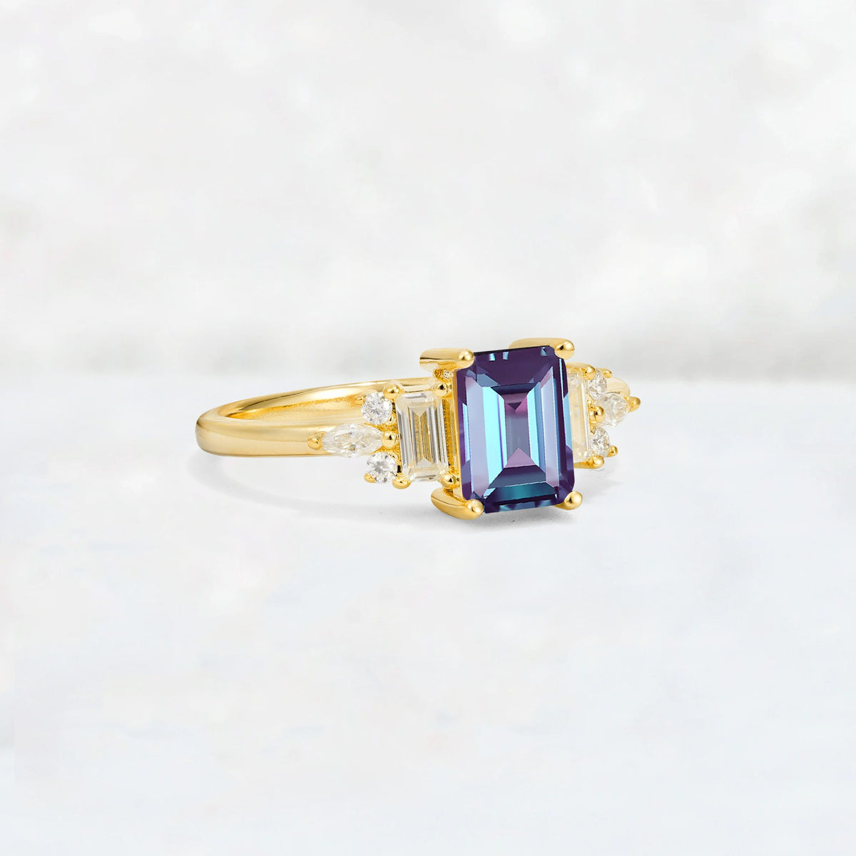 Luxury Emerald Cut Alexandrite Cluster Engagement Ring - Additional view
