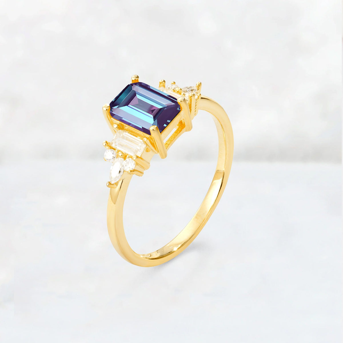 Luxury Emerald Cut Alexandrite Cluster Engagement Ring - Additional view
