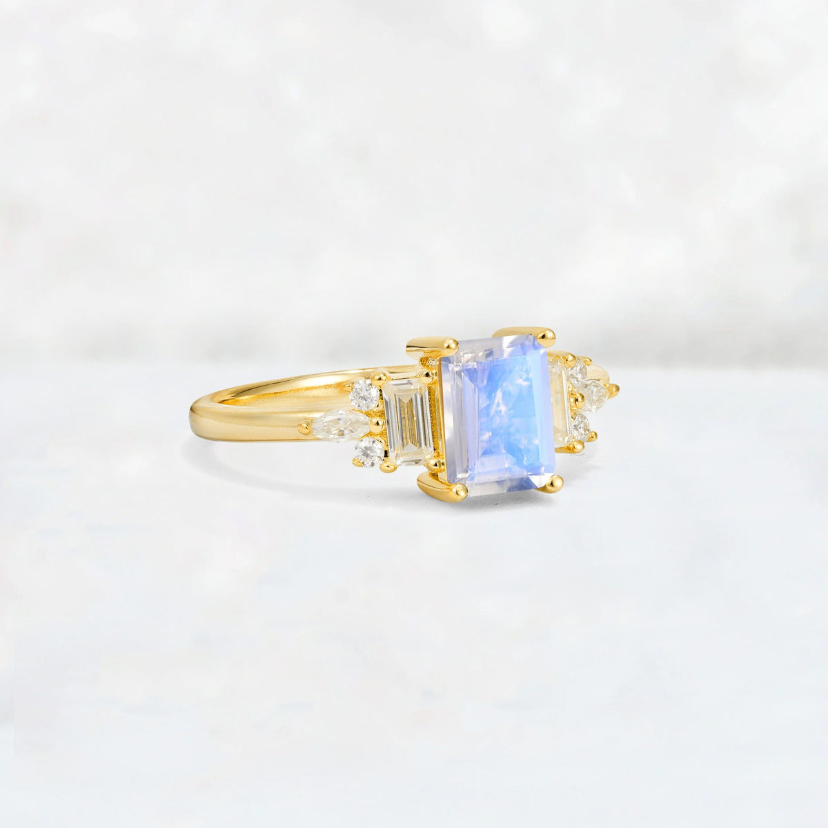 Luxury Emerald Cut Moonstone Cluster Engagement Ring - Additional view