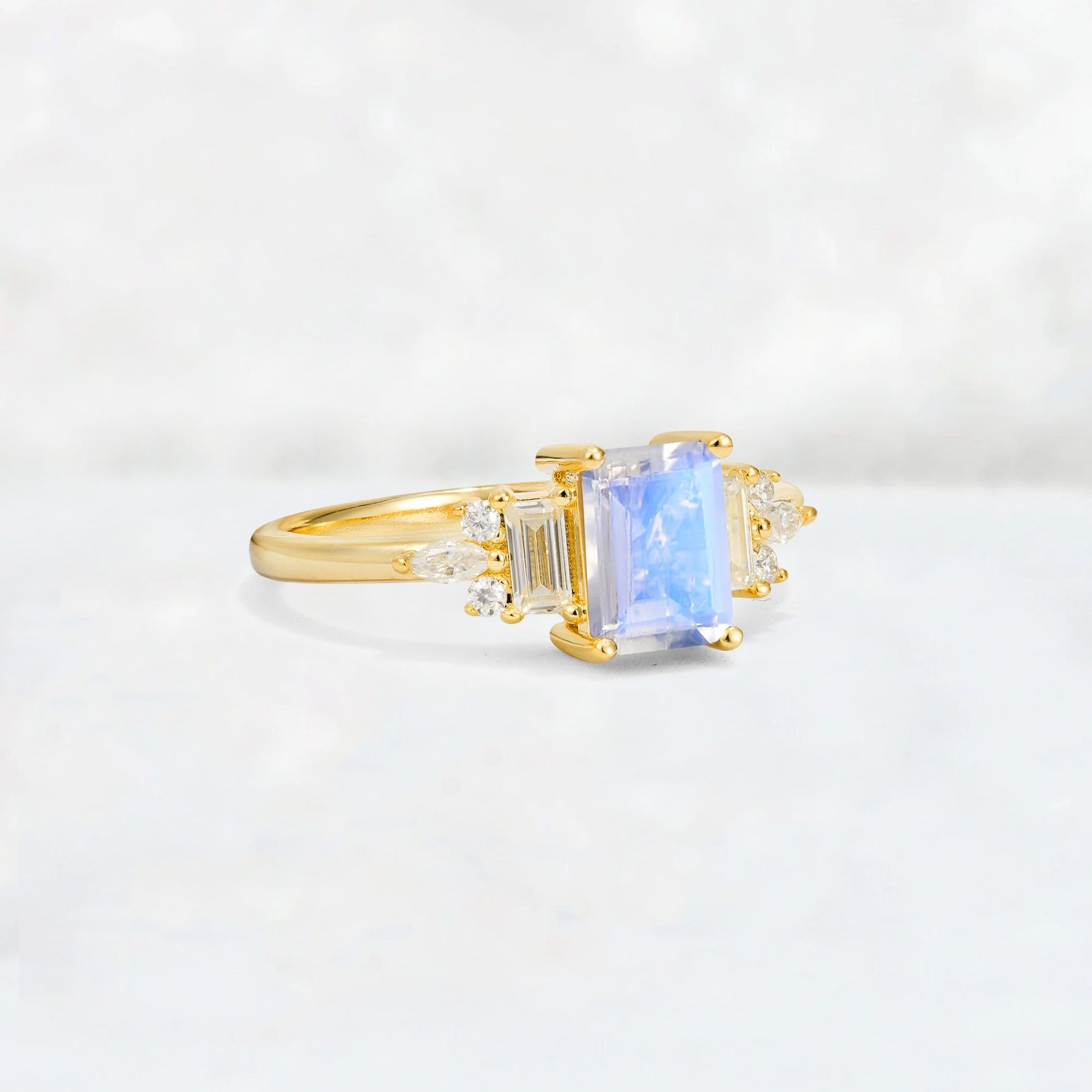 Luxury Emerald Cut Moonstone Cluster Engagement Ring - Additional view