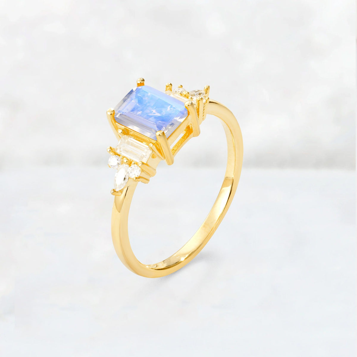 Luxury Emerald Cut Moonstone Cluster Engagement Ring - Additional view