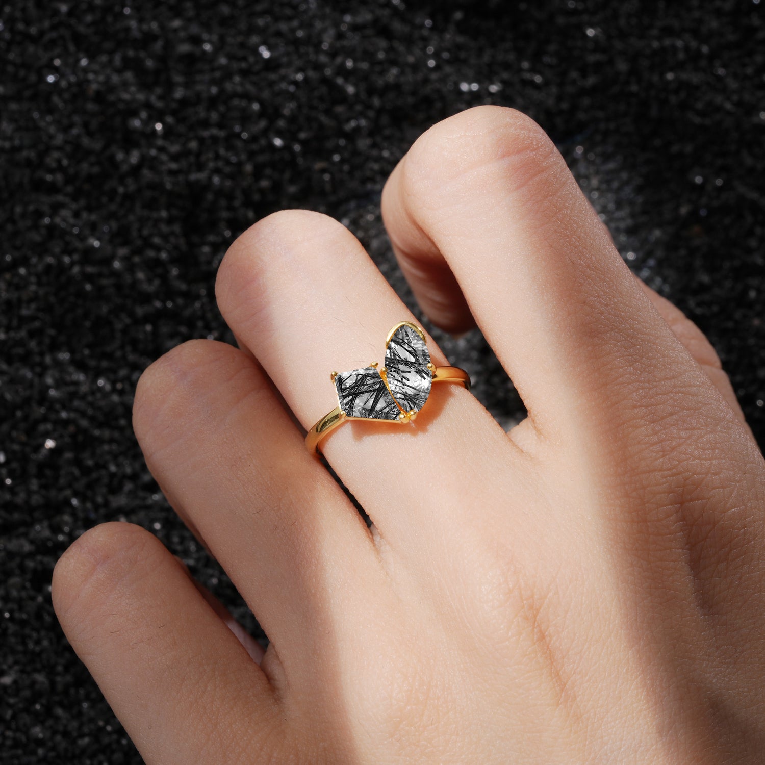 SR17654 Black Rutilated Quartz Ring - Rose-Gold