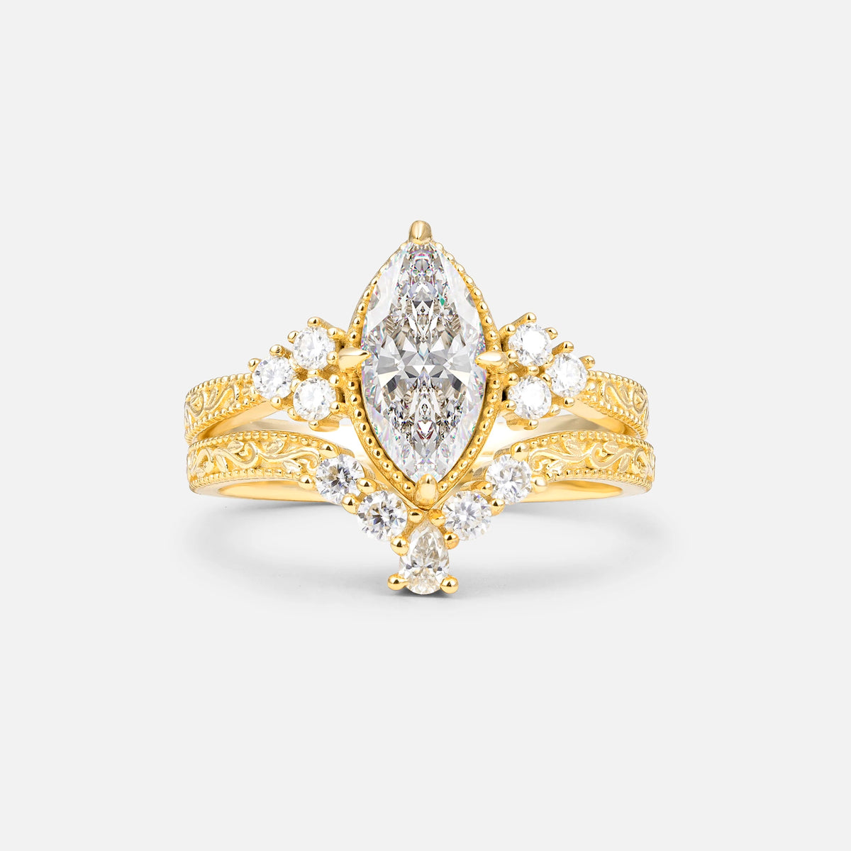 Vintage Filigree Marquise Cut Moissanite Bridal Ring Set