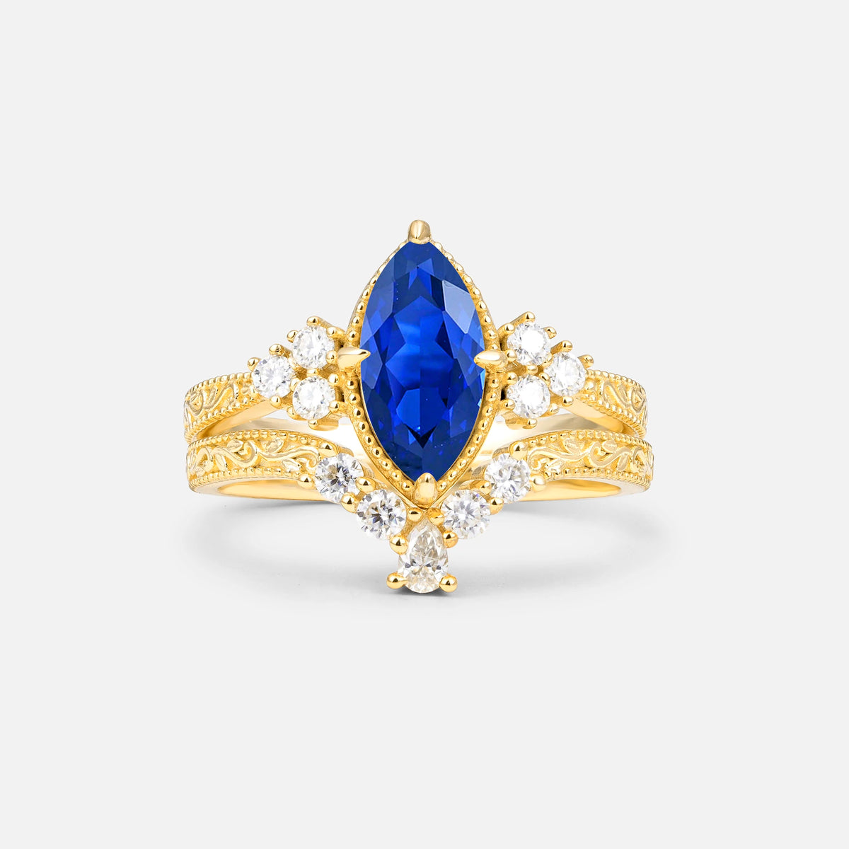 Vintage Filigree Marquise Cut Sapphire Bridal Ring Set