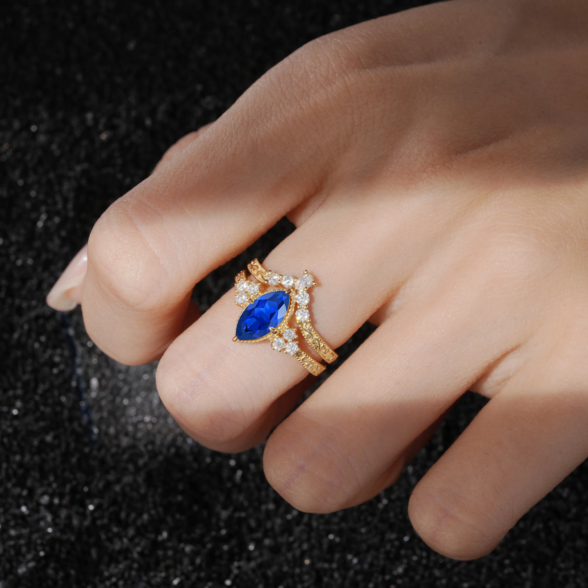 Vintage Filigree Marquise Cut Sapphire Bridal Ring Set
