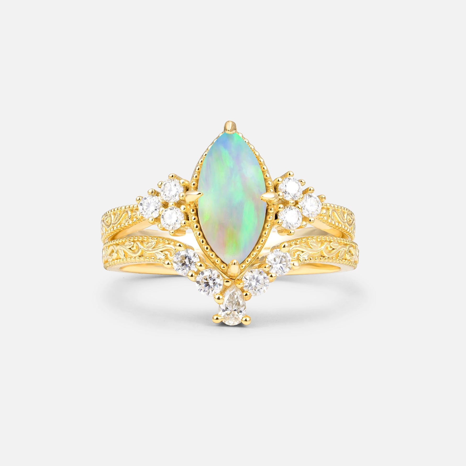 Vintage Filigree Marquise Cut Fire Opal Bridal Ring Set