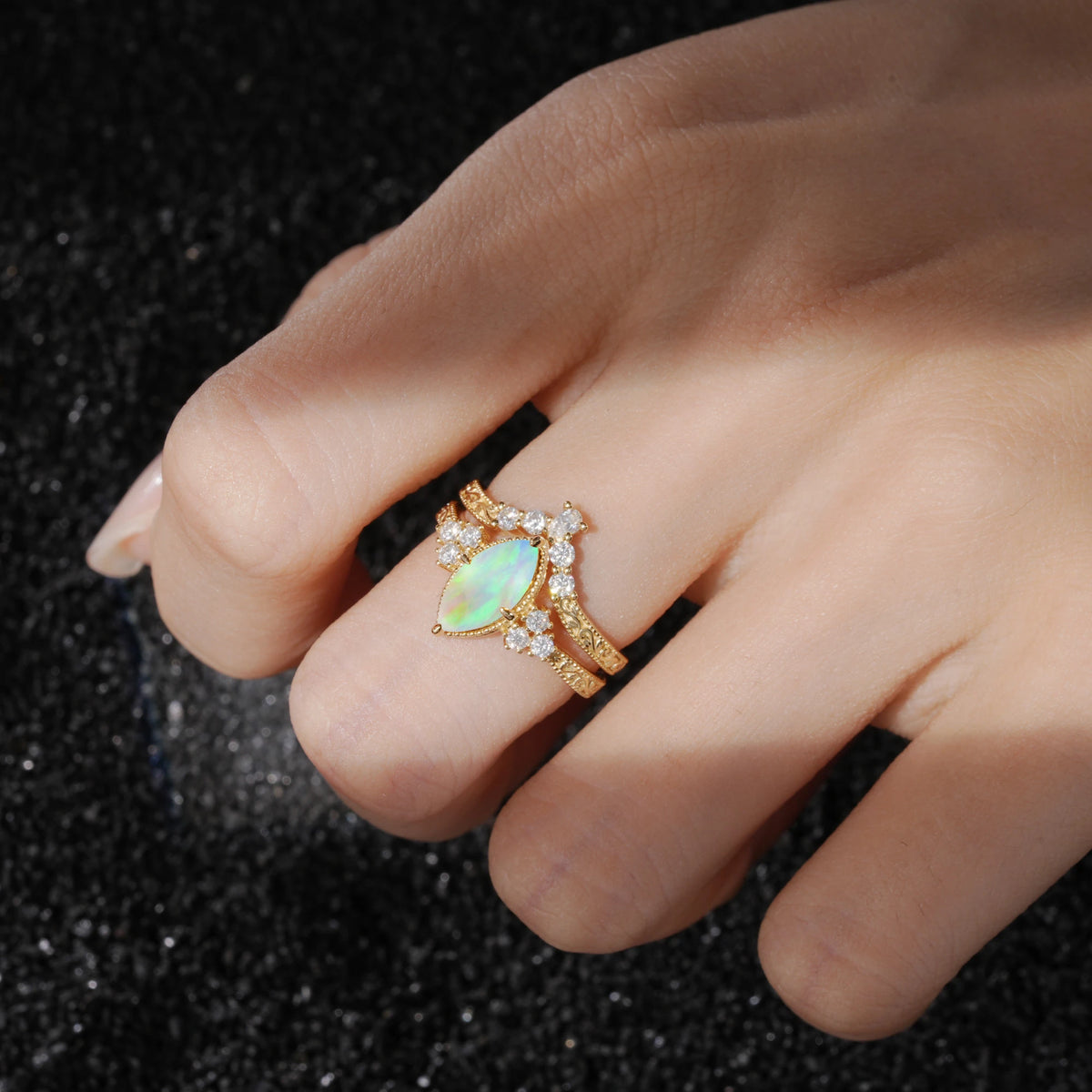 Vintage Filigree Marquise Cut Fire Opal Bridal Ring Set
