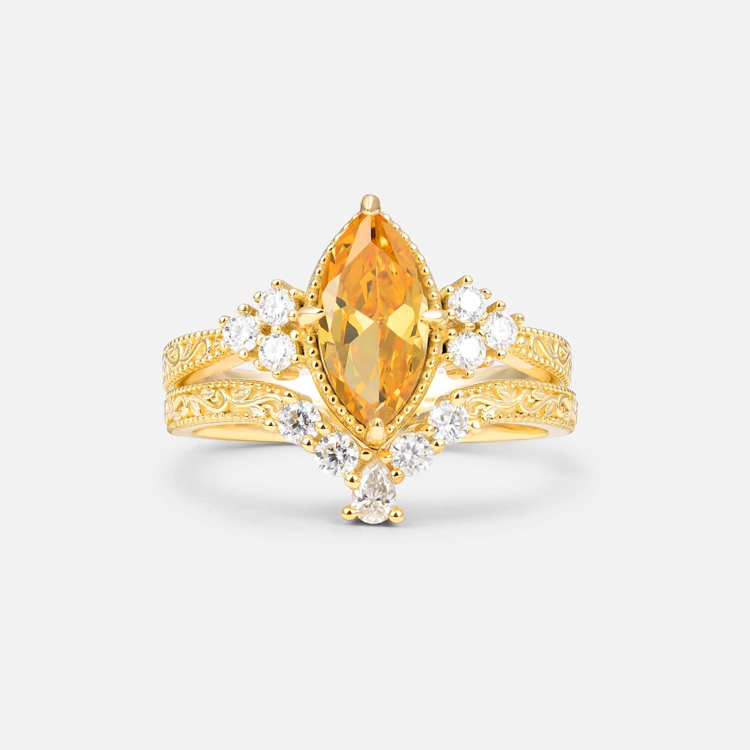 Vintage Filigree Marquise Cut Citrine Bridal Ring Set