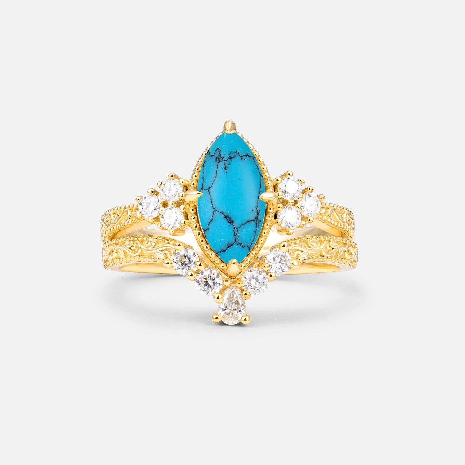 Vintage Filigree Marquise Cut Turquoise Bridal Ring Set