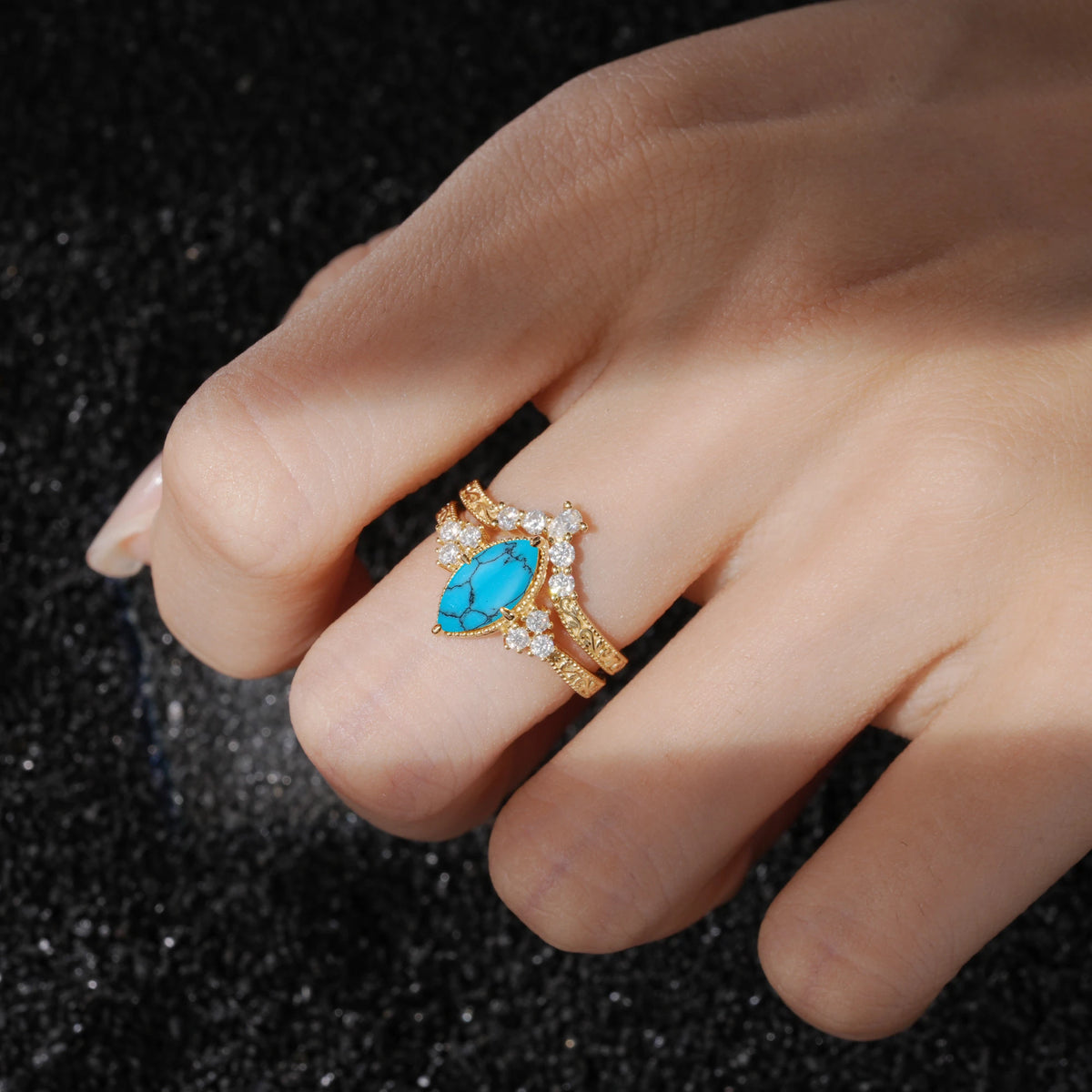 Vintage Filigree Marquise Cut Turquoise Bridal Ring Set