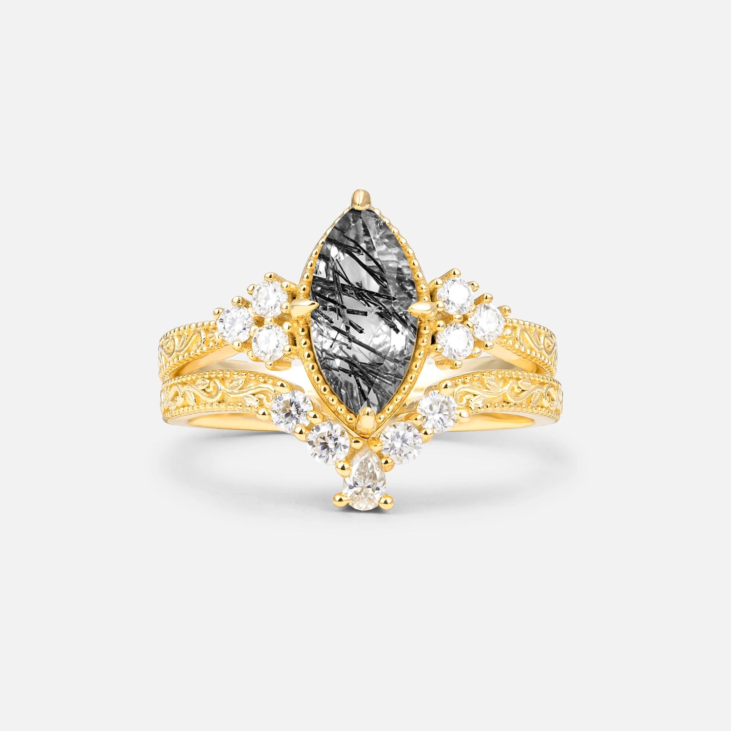 Vintage Filigree Marquise Cut Black Rutilated Quartz Bridal Ring Set