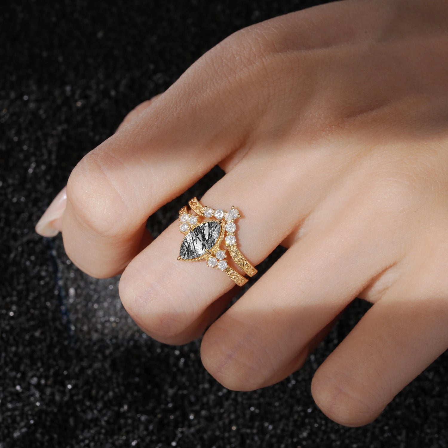 Vintage Filigree Marquise Cut Black Rutilated Quartz Bridal Ring Set
