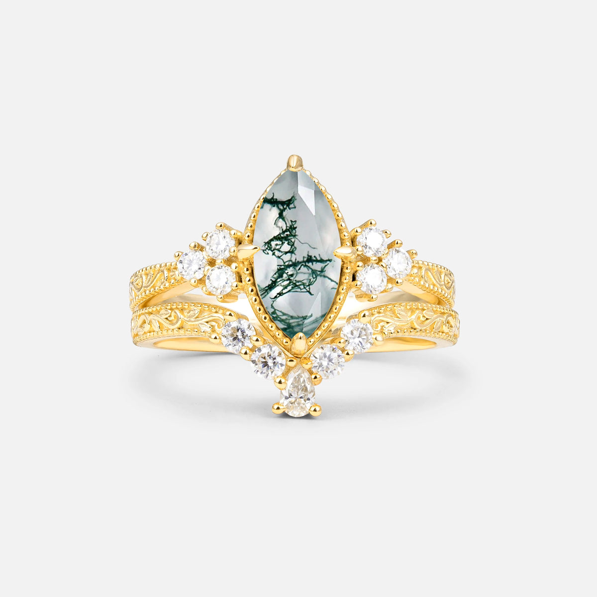 Vintage Filigree Marquise Cut Moss Agate Bridal Ring Set