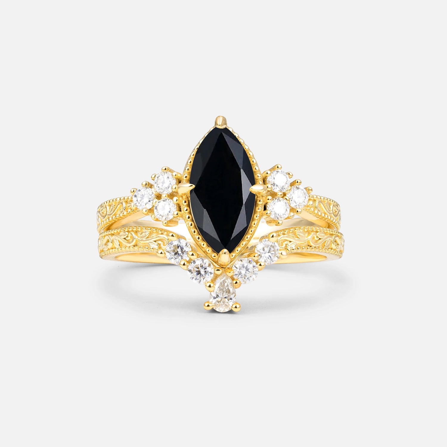 Vintage Filigree Marquise Cut Black Onyx Bridal Ring Set