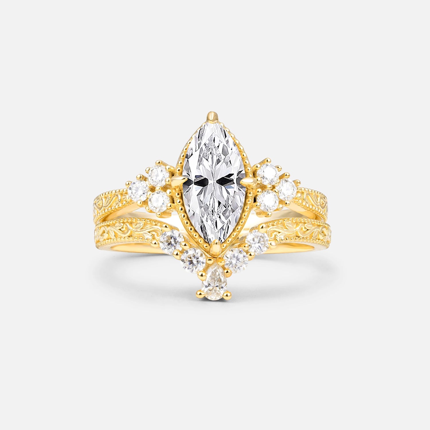 Vintage Filigree Marquise Cut Lab-Grown Diamond Bridal Ring Set