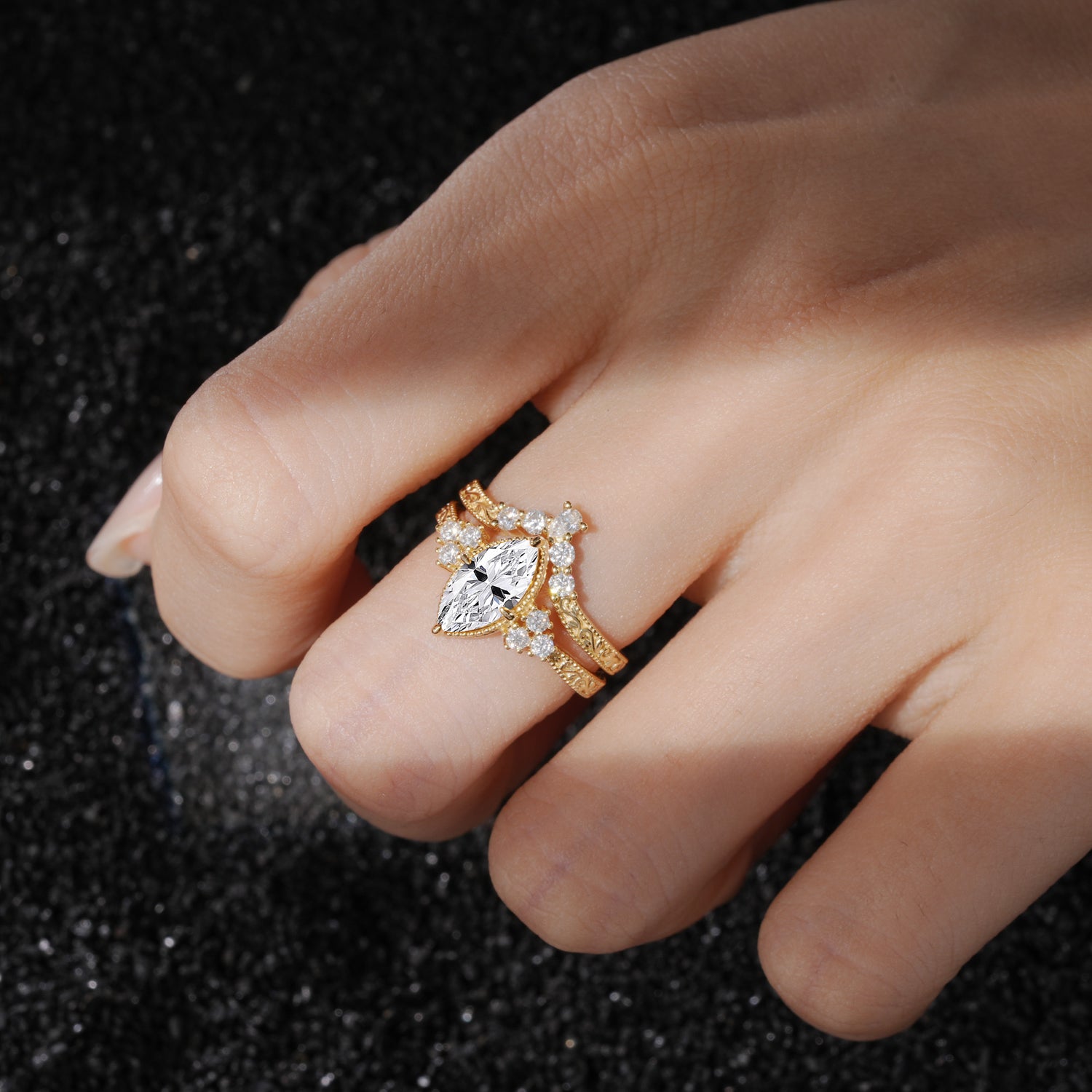 Vintage Filigree Marquise Cut Lab Diamond Bridal Ring Set