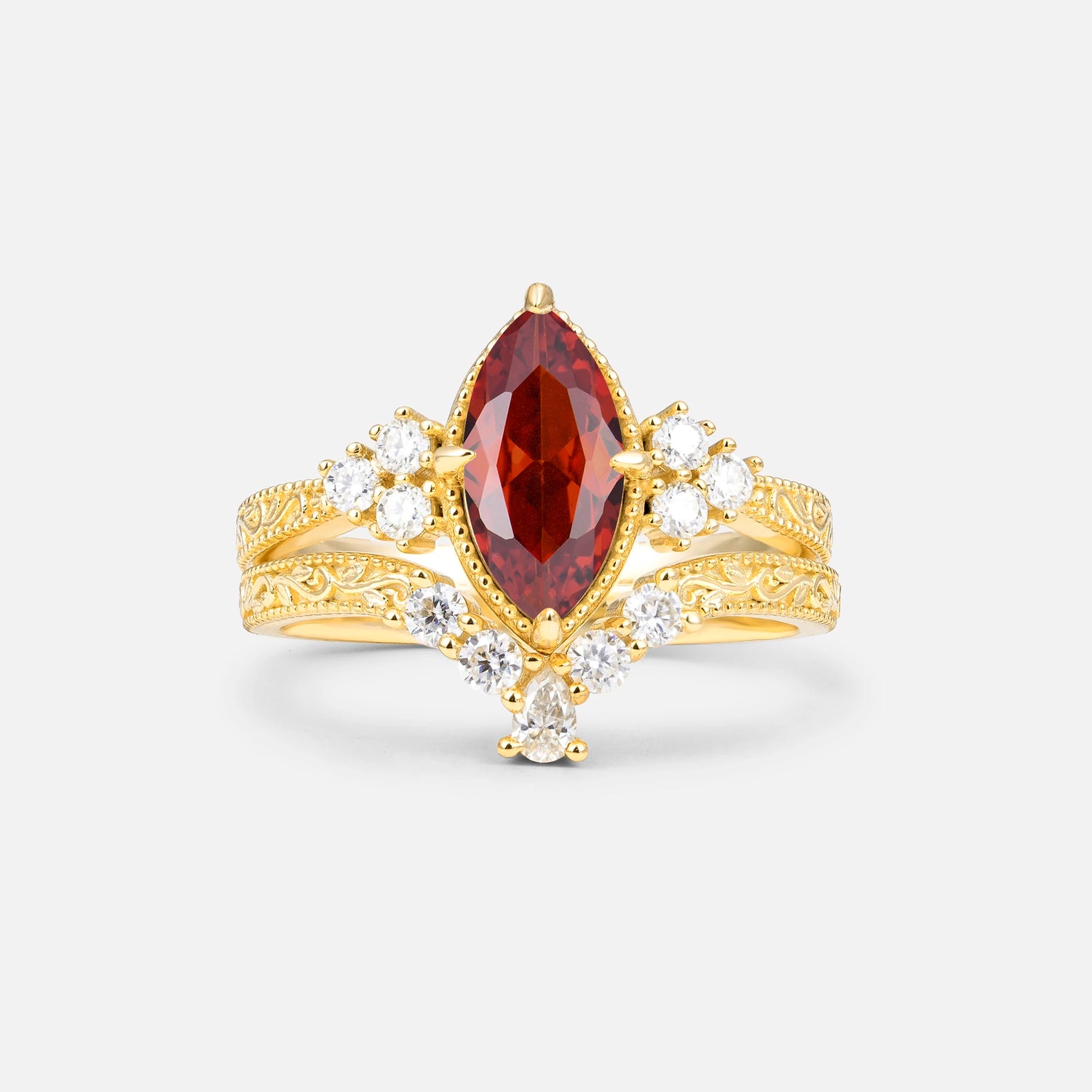 Vintage Filigree Marquise Cut Garnet Bridal Ring Set