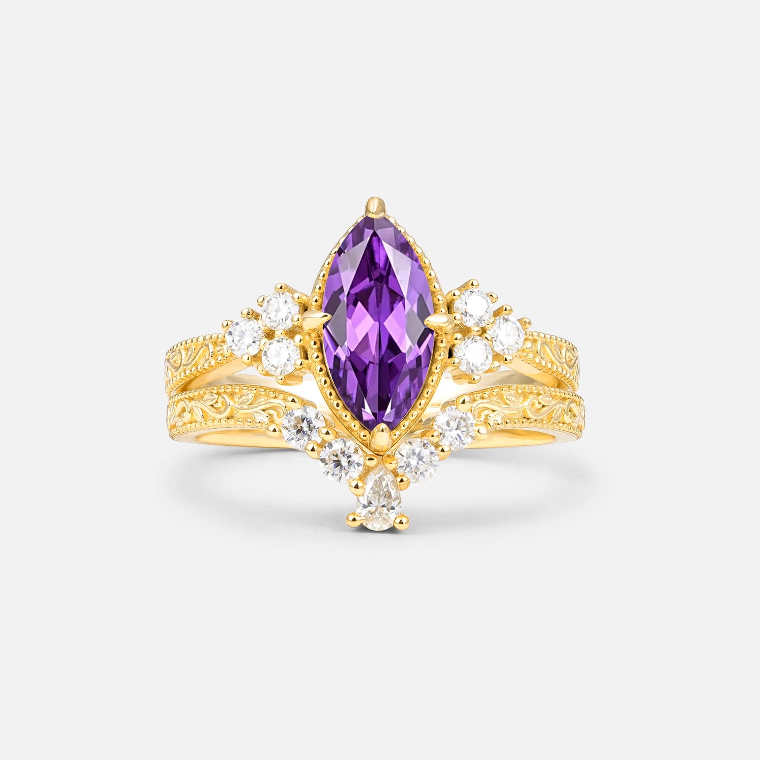 Vintage Filigree Marquise Cut Amethyst Bridal Ring Set