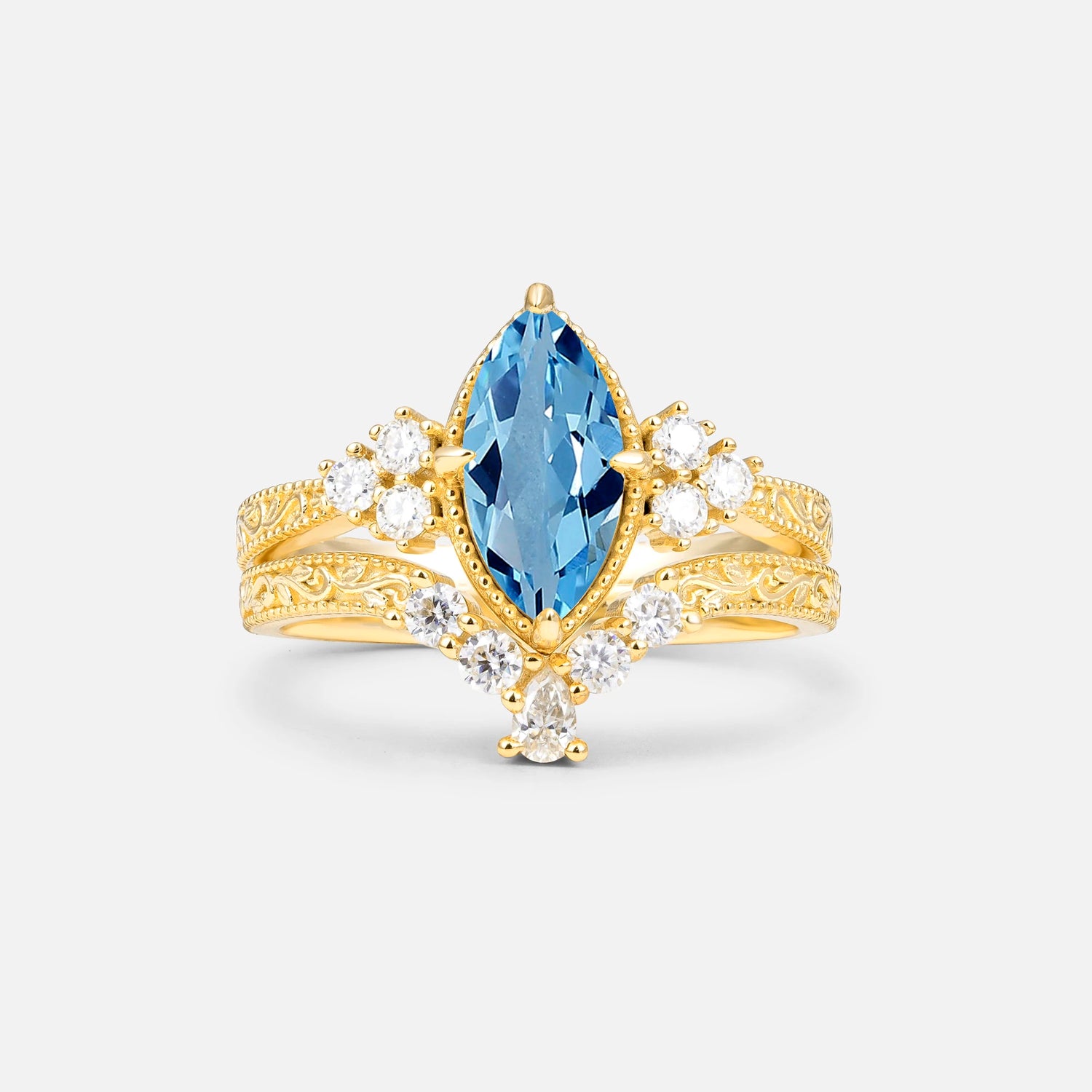 Vintage Filigree Marquise Cut Aquamarine Bridal Ring Set