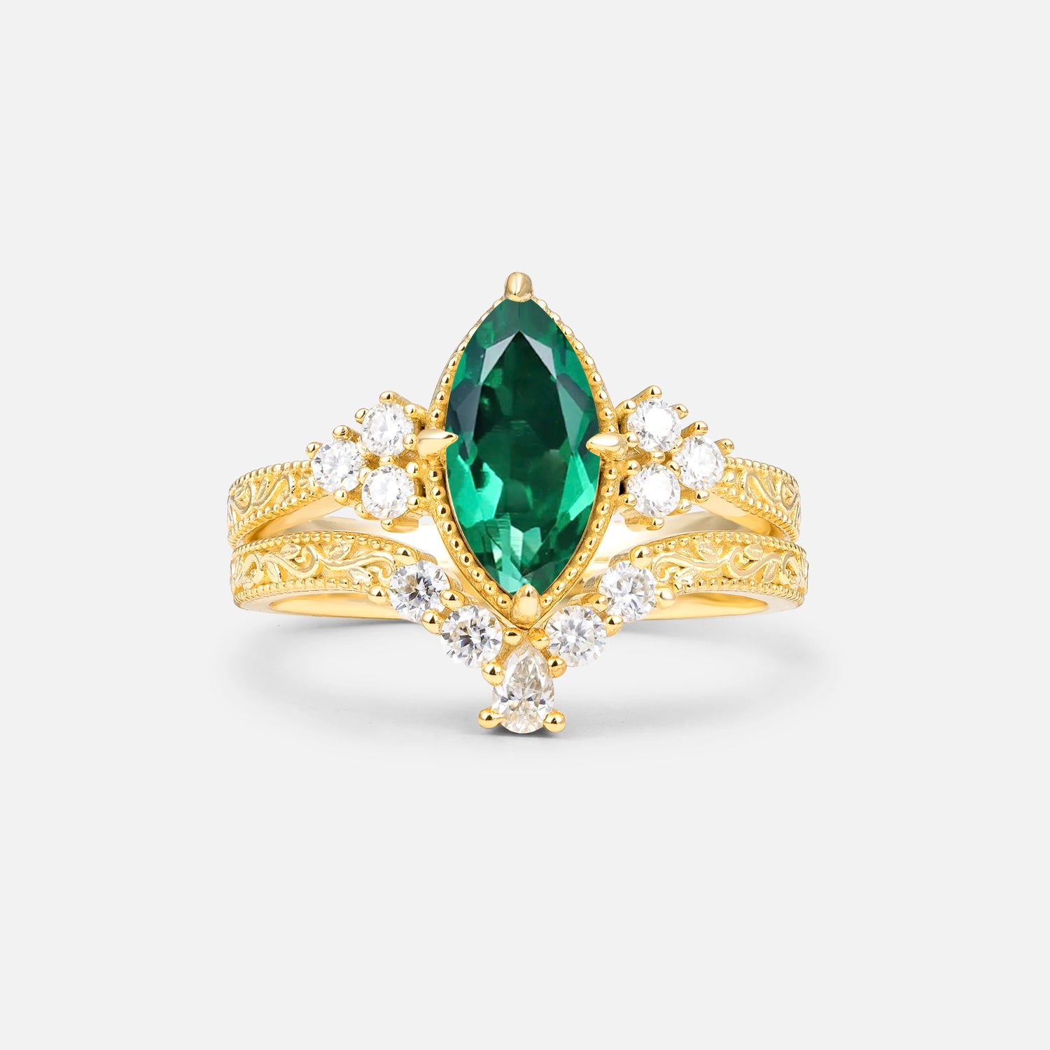 Vintage Filigree Marquise Cut Emerald Bridal Ring Set
