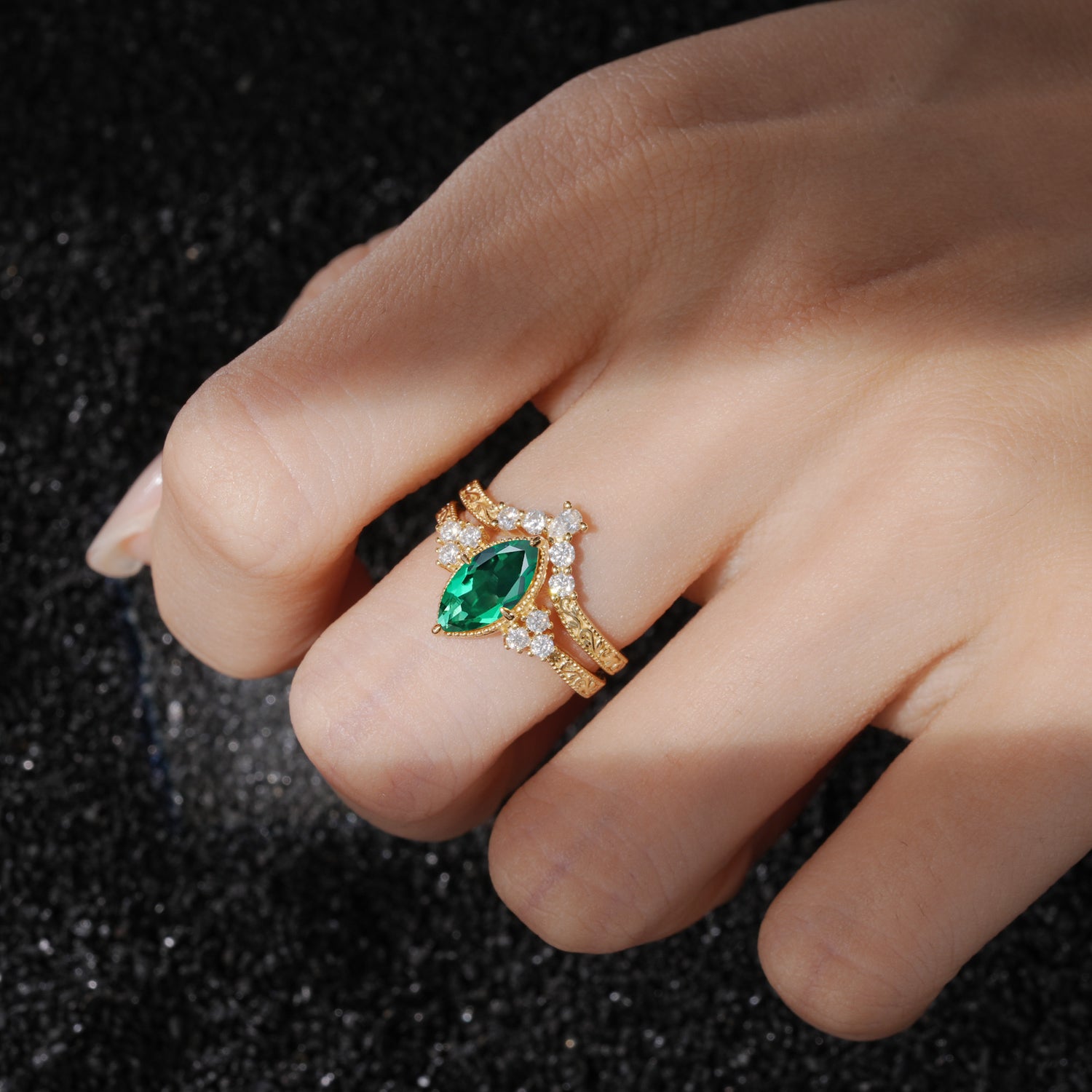 Vintage Filigree Marquise Cut Emerald Bridal Ring Set