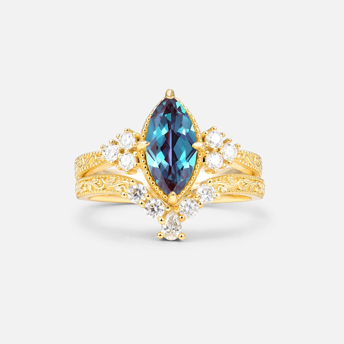 Vintage Filigree Marquise Cut Alexandrite Bridal Ring Set