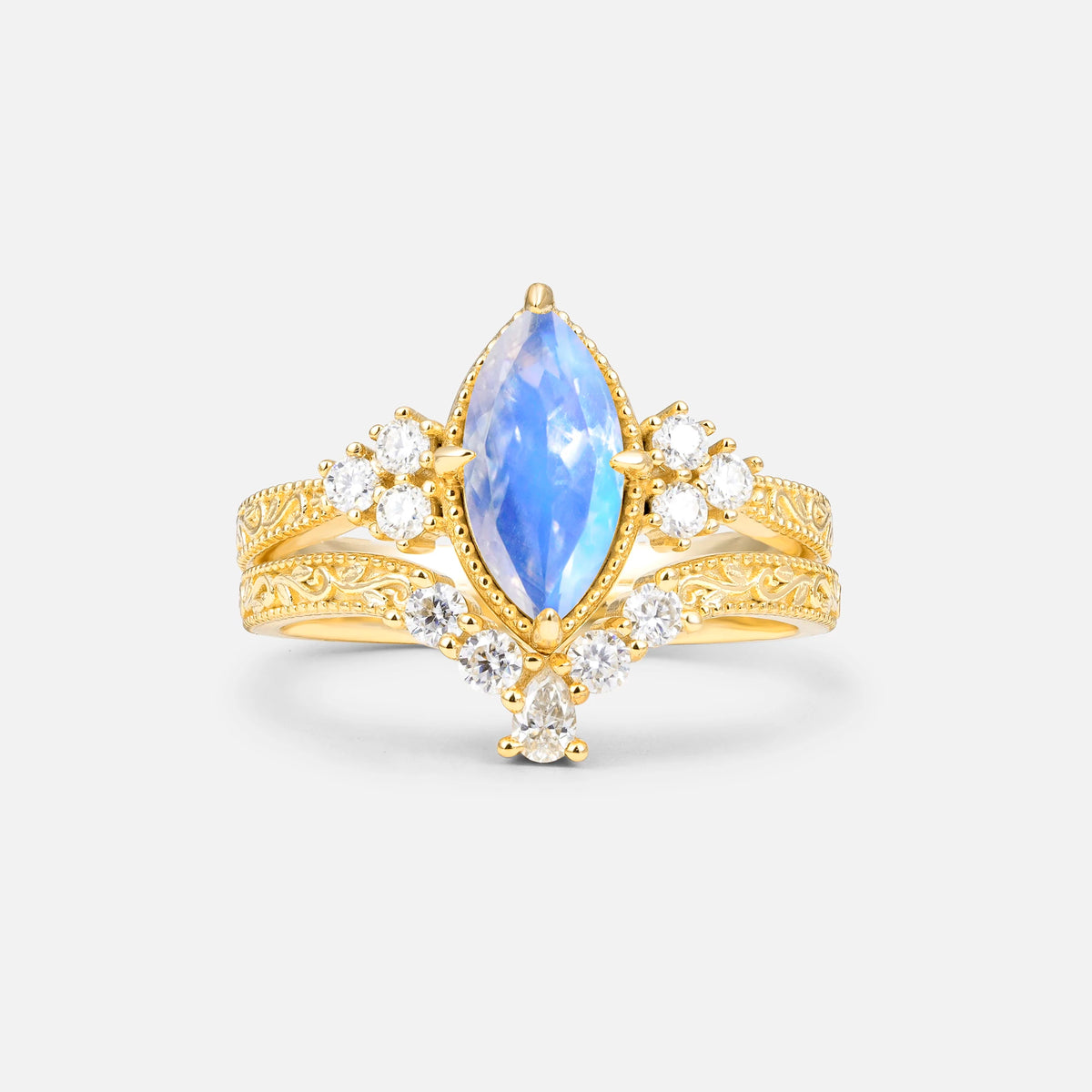 Vintage Filigree Marquise Cut Moonstone Bridal Ring Set