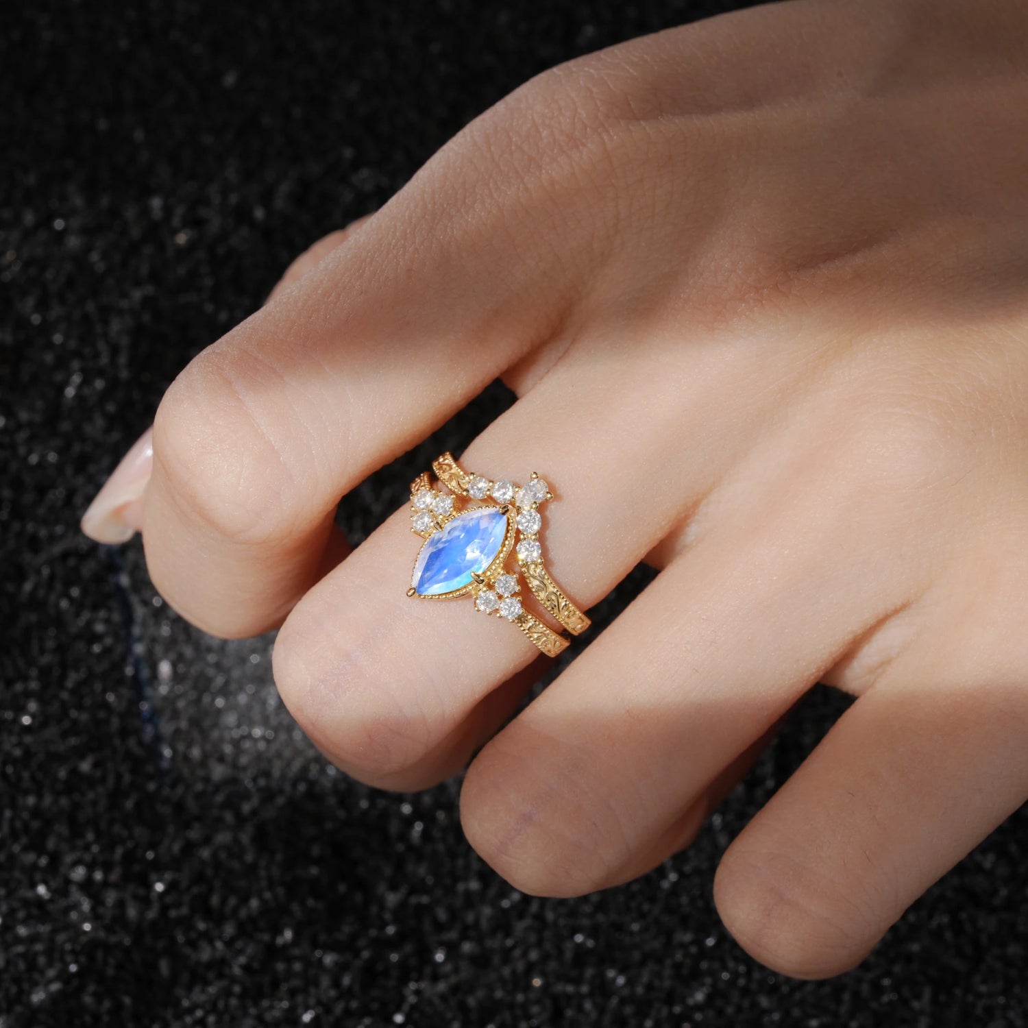 Vintage Filigree Marquise Cut Moonstone Bridal Ring Set