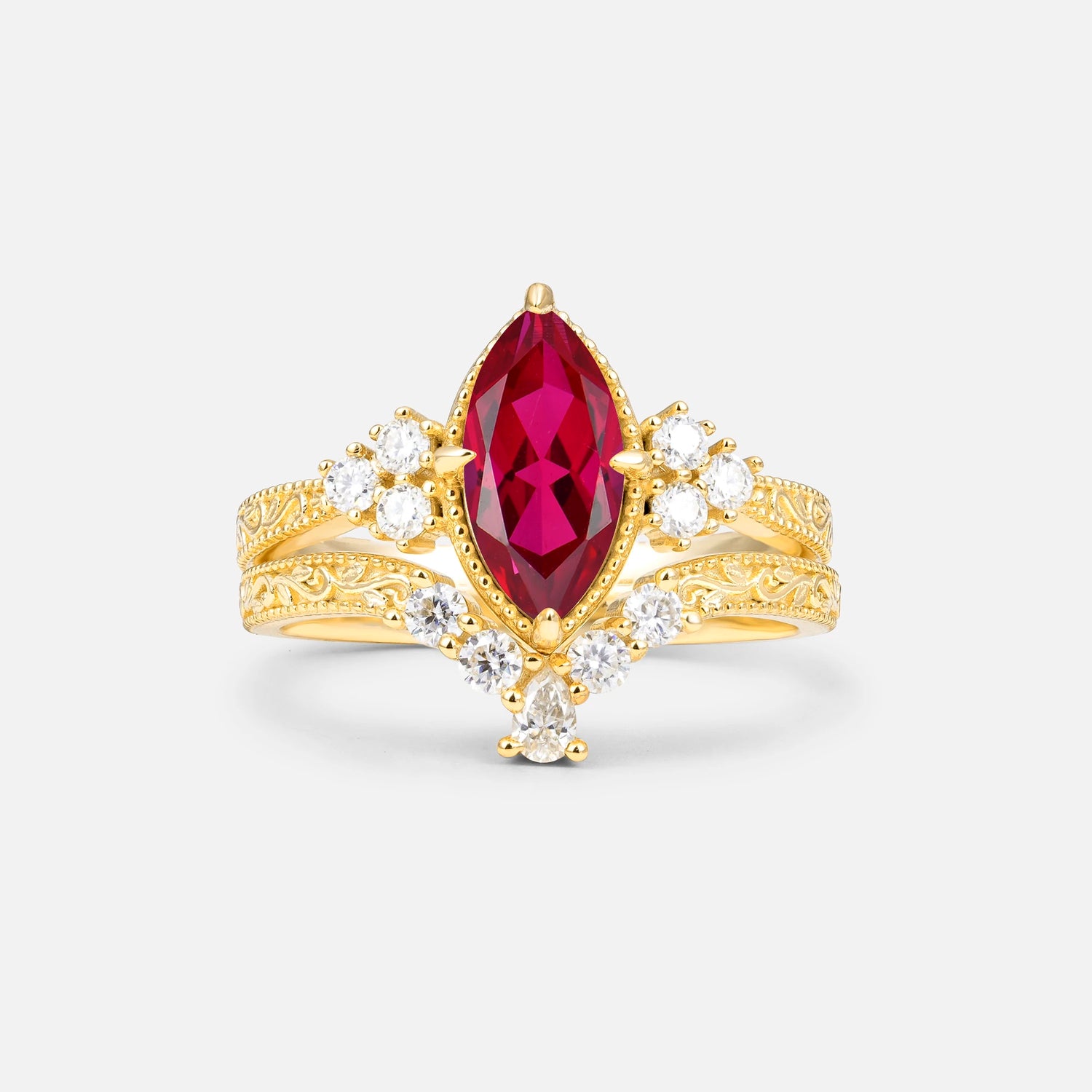 Vintage Filigree Marquise Cut Ruby Bridal Ring Set