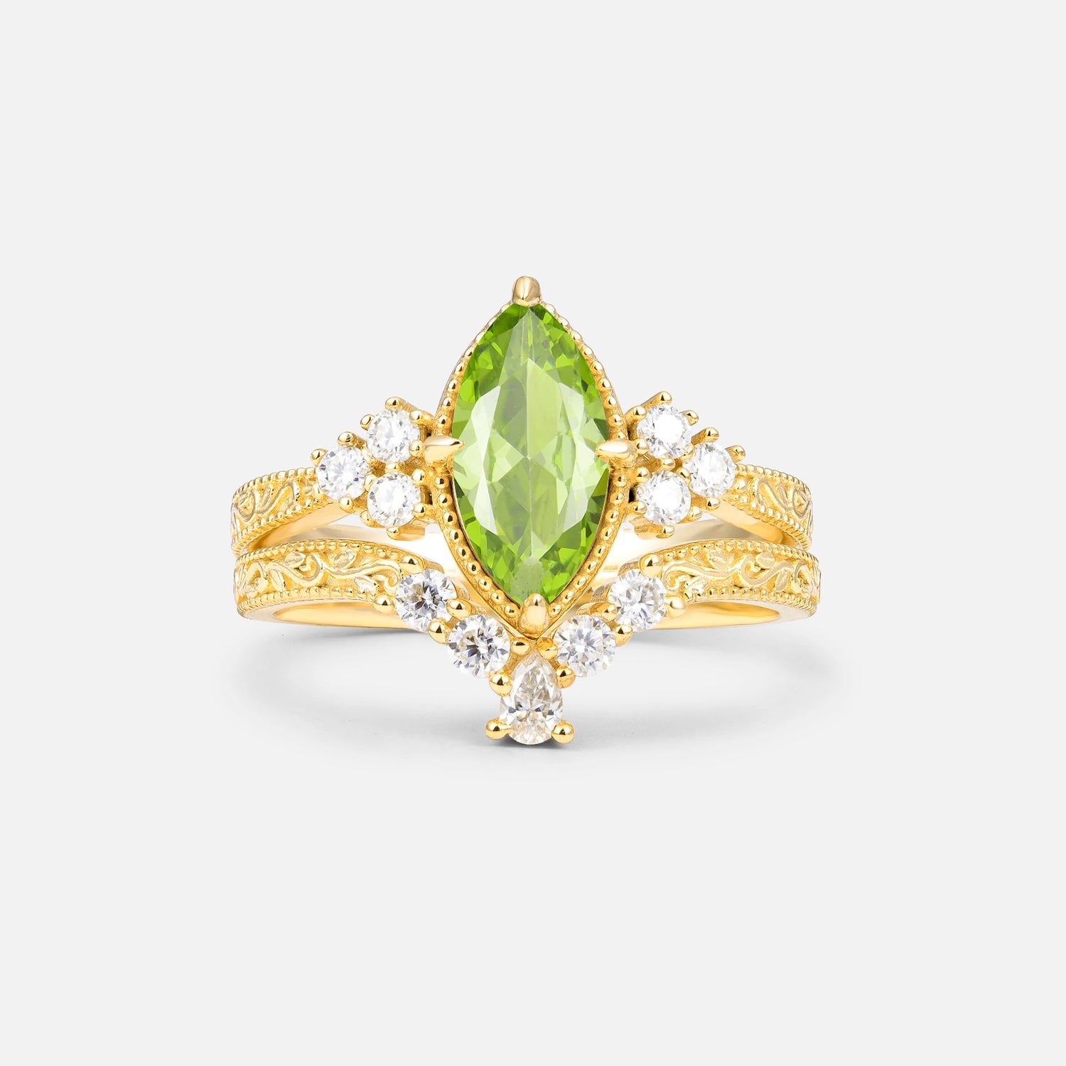 Vintage Filigree Marquise Cut Peridot Bridal Ring Set