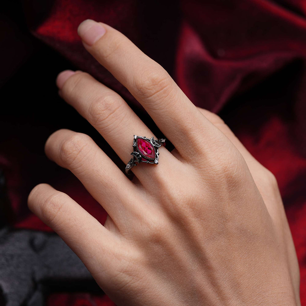 Halloween Marquise Ruby Moon Engagement Ring