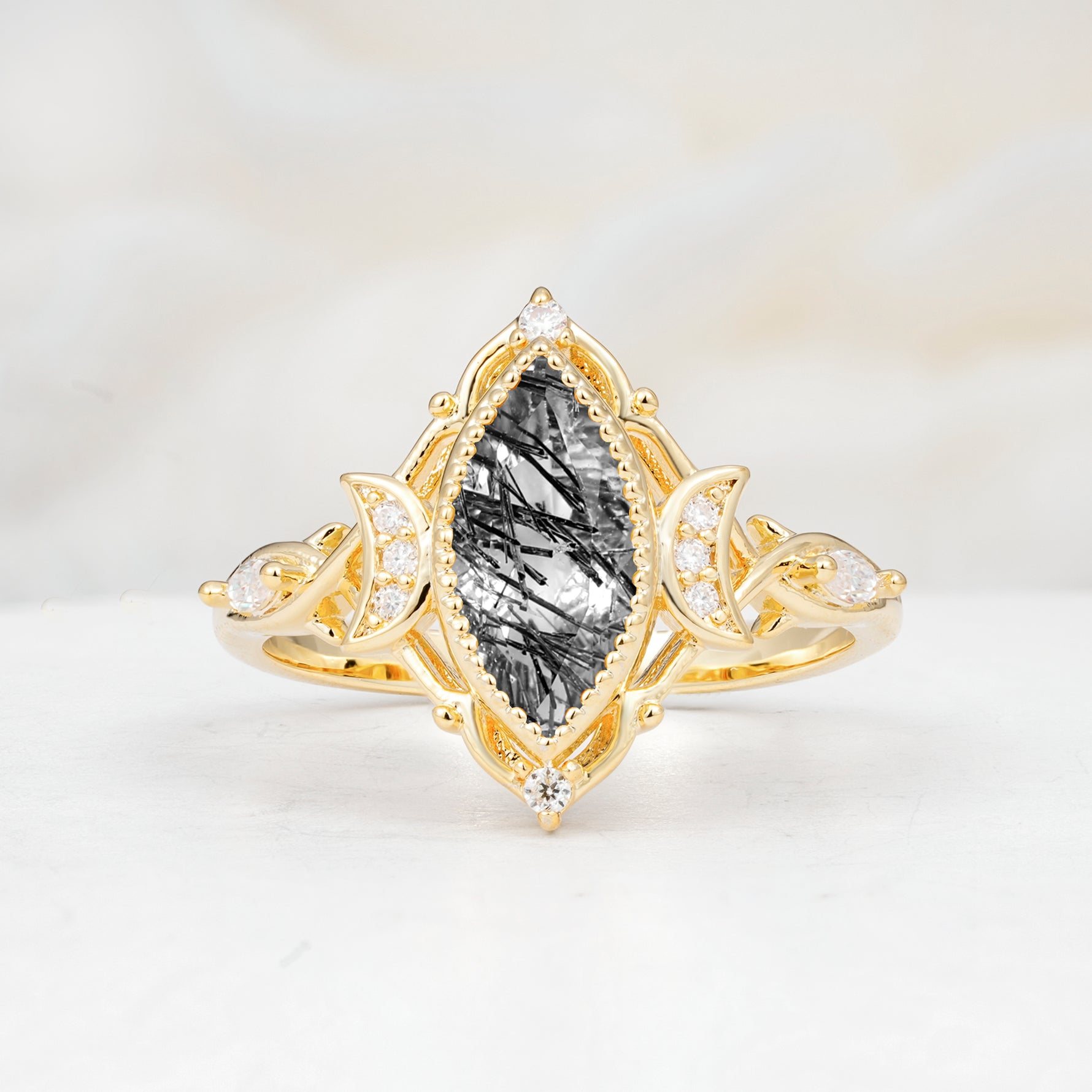 SR17656 Black Rutilated Quartz Ring - Yellow-Gold