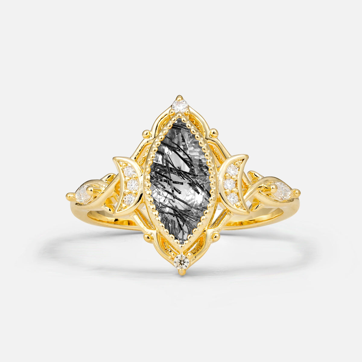 Luxury Marquise Cut Filigree Black Rutilated Quartz Engagement Ring for Women