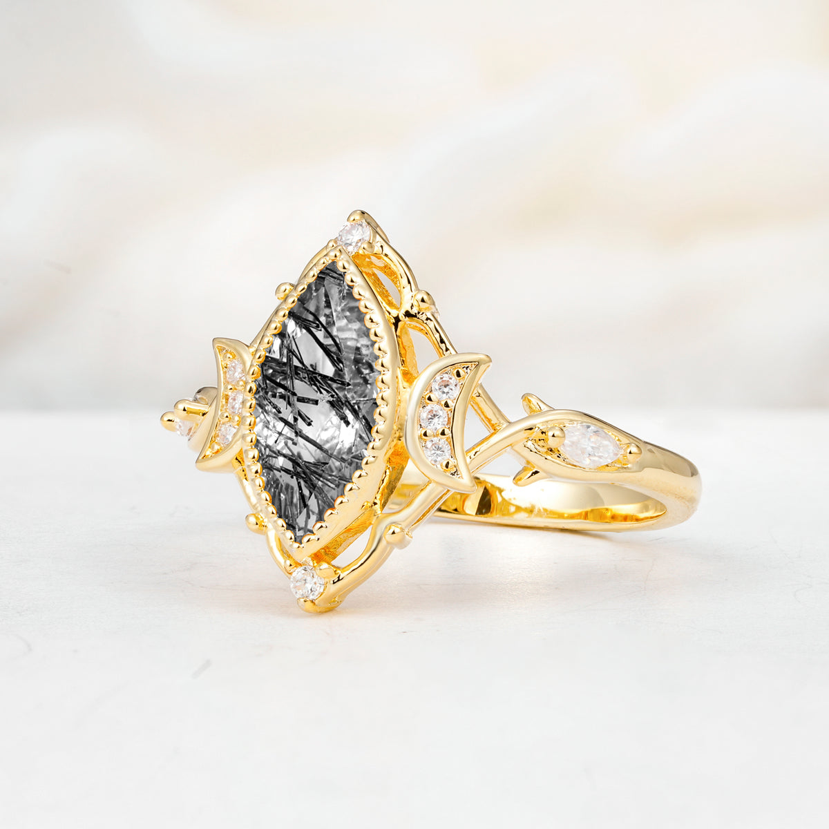 SR17656 Black Rutilated Quartz Ring - White-Gold
